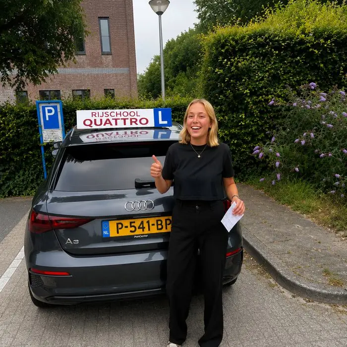 Geslaagde leerling van Rijschool Quattro bij de Audi A3 lesauto